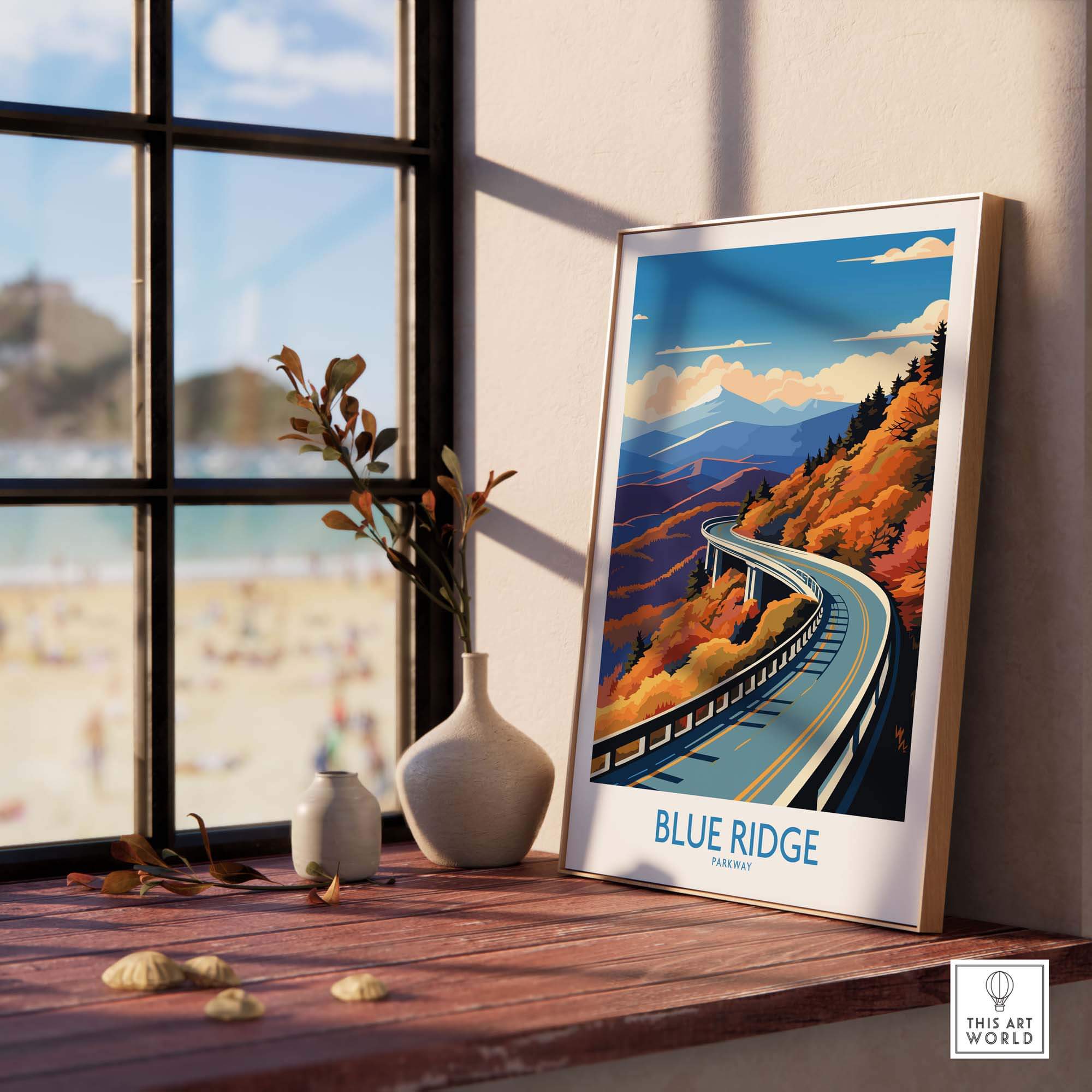 Blue Ridge Parkway wall art print displayed on a wooden table, capturing vibrant autumn colors and scenic mountains.