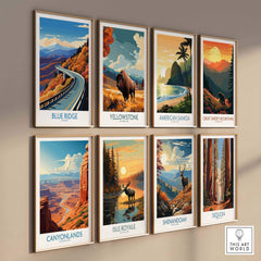 Blue Ridge Parkway wall art print collection featuring scenic landscapes and travel posters from national parks.