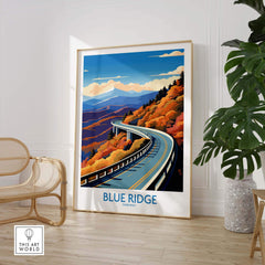 Blue Ridge Parkway wall art print featuring colorful autumn landscape and winding road in a stylish interior setting.