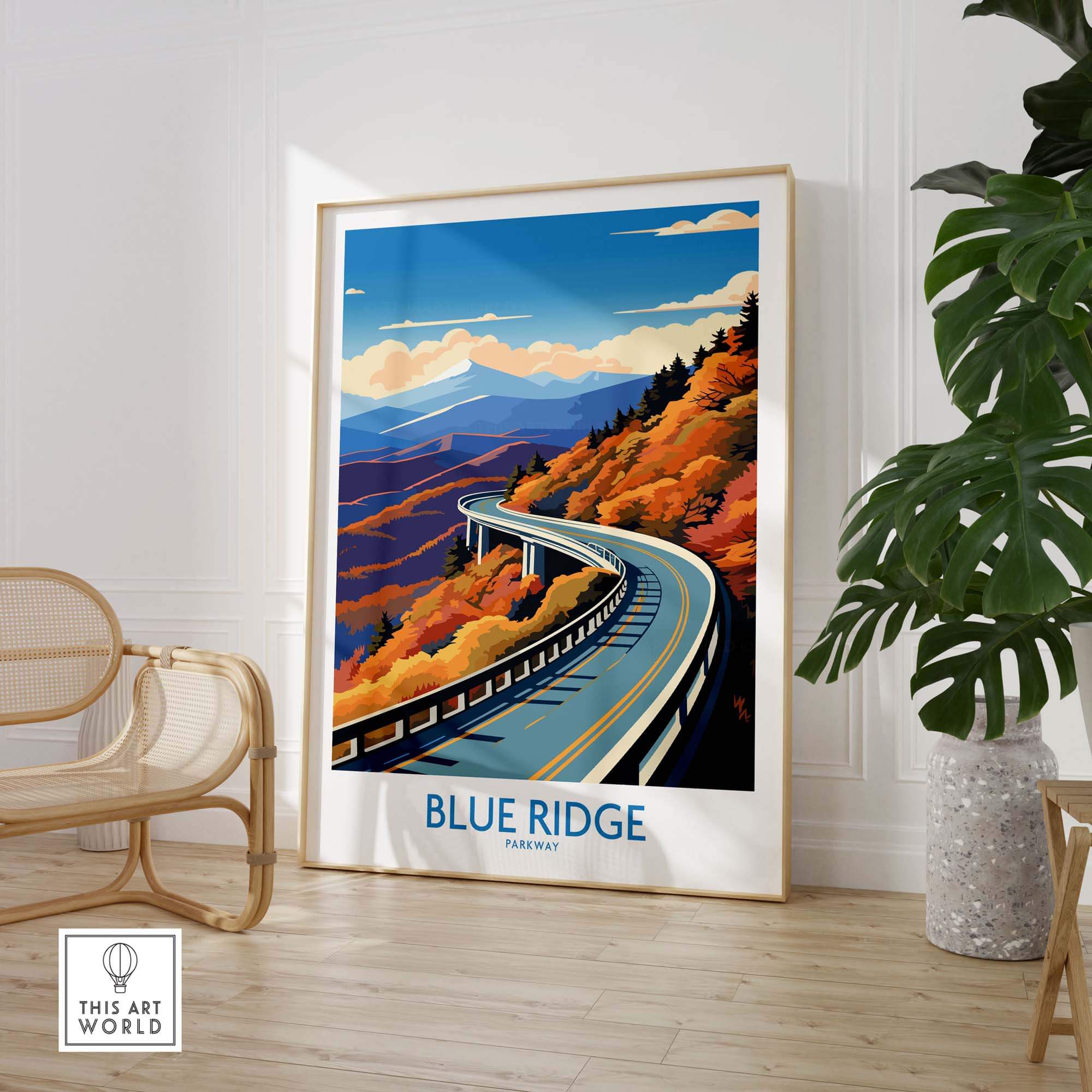 Blue Ridge Parkway wall art print featuring colorful autumn landscape and winding road in a stylish interior setting.