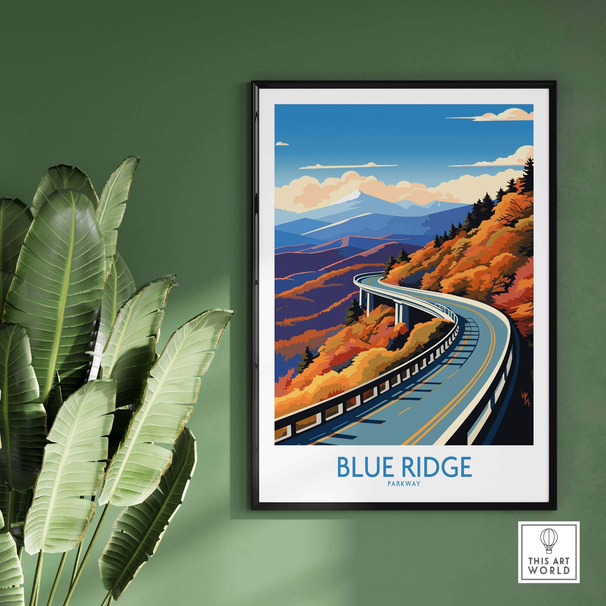 Blue Ridge Parkway wall art print showcasing vibrant colors and scenic landscape, perfect for adding charm to any room.