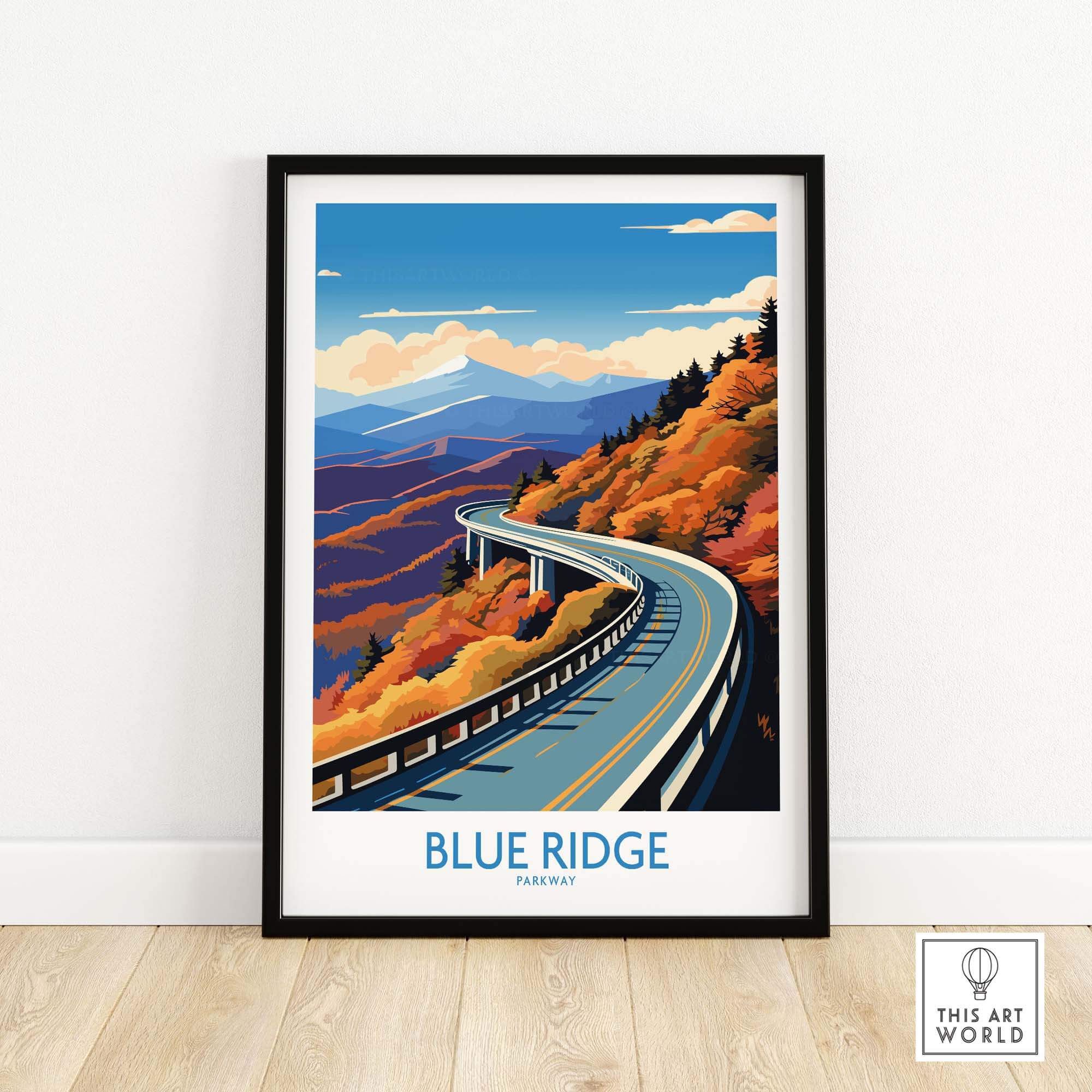 Blue Ridge Parkway wall art print featuring scenic mountain views and autumn foliage in a stylish black frame.