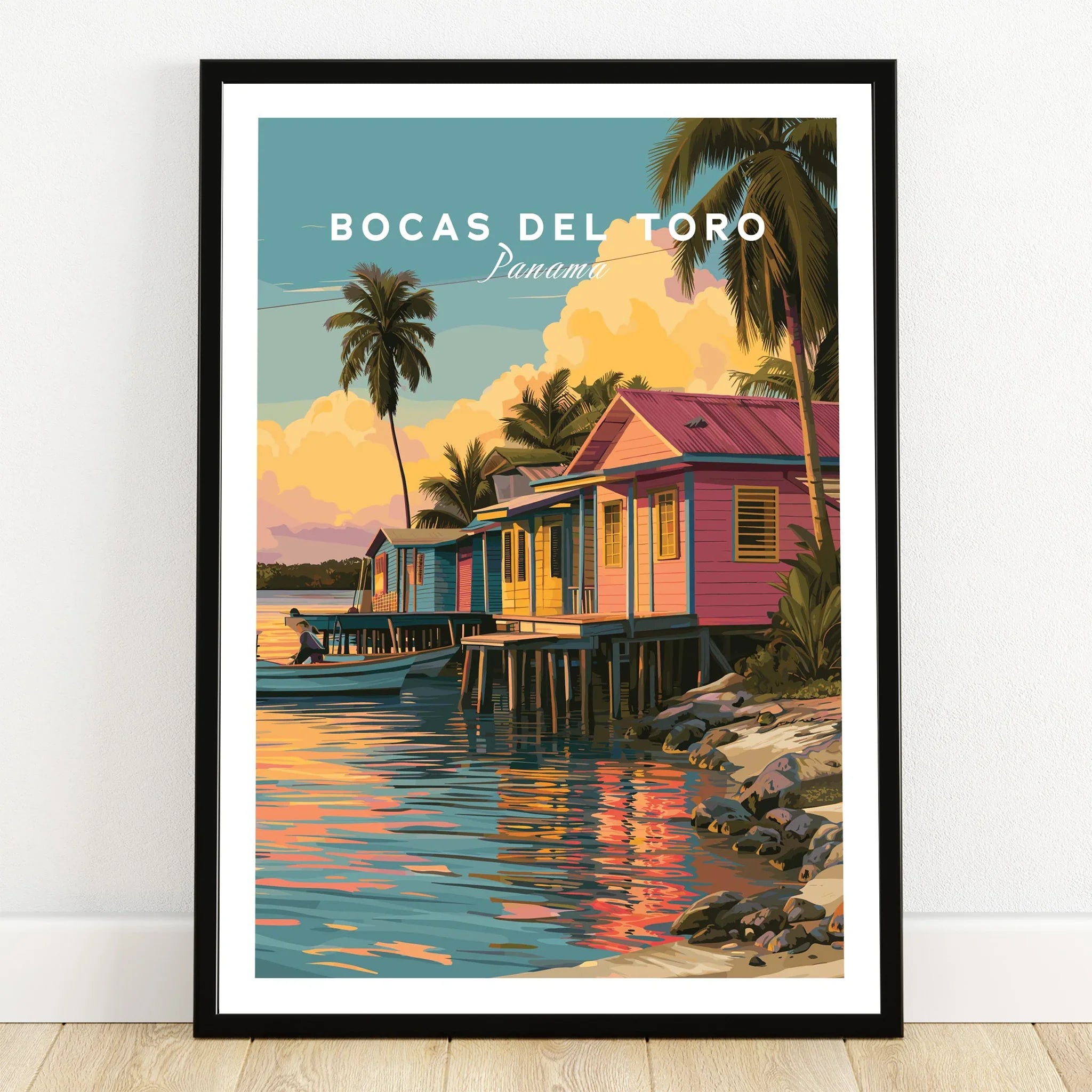 Bocas del Toro Panama travel poster with colorful stilt houses, palm trees, and sunset reflections on water