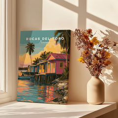 Bocas del Toro Panama travel poster with colorful stilt houses, palm trees, and sunset reflections on water.