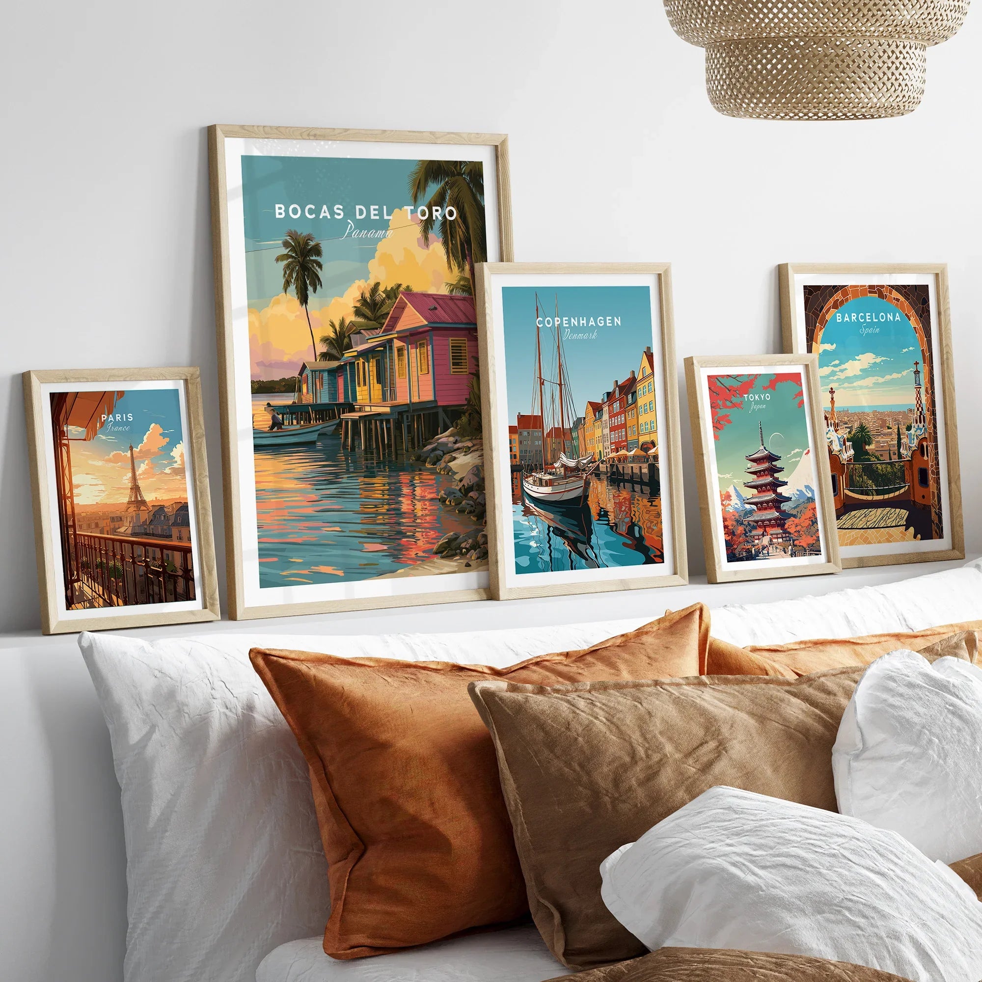 Framed travel posters of Paris, Bocas del Toro, Copenhagen, Tokyo, and Barcelona for wall art decor