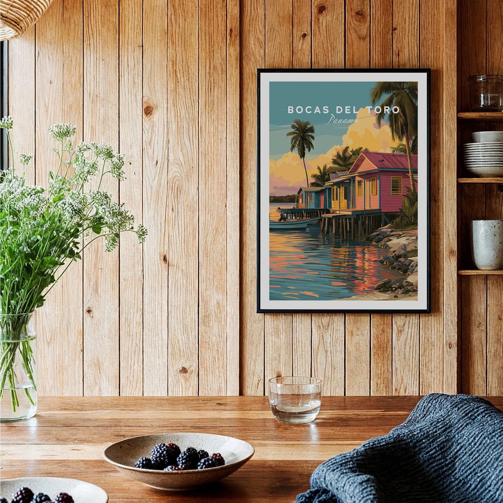 Bocas del Toro Panama travel poster with colorful stilt houses, palm trees, and sunset reflections on water.