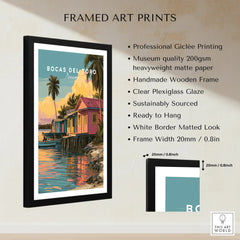 Bocas del Toro Panama travel poster with colorful stilt houses, palm trees, and sunset reflections in water