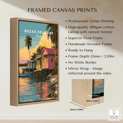 Bocas del Toro Panama travel poster in wooden frame, colorful waterfront houses, palm trees, sunset reflections
