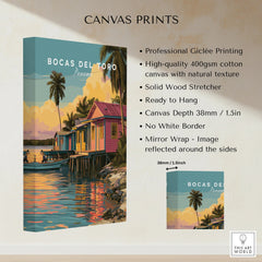 Bocas del Toro Panama travel poster canvas print with vibrant waterfront houses and palm trees