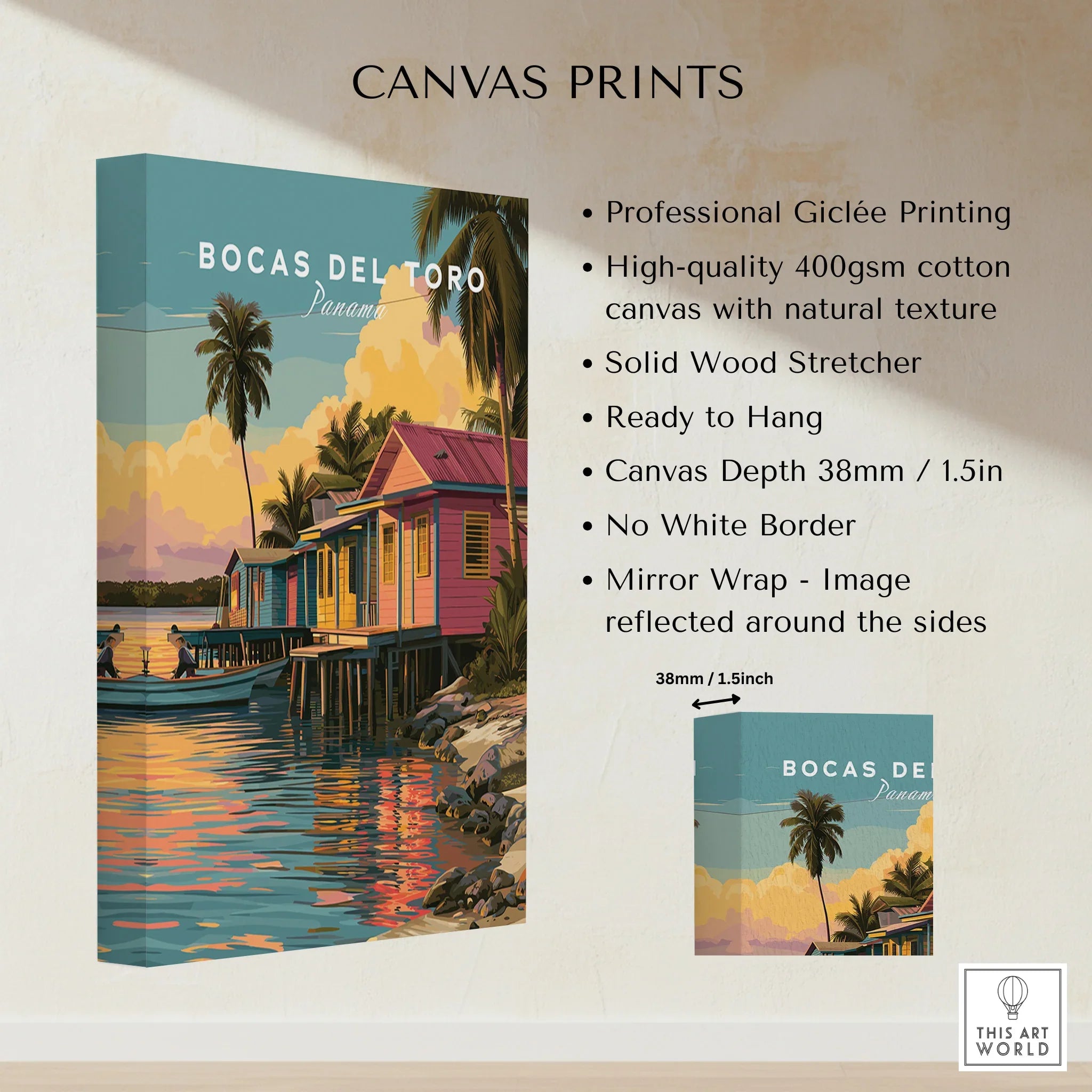 Bocas del Toro Panama travel poster canvas print with vibrant waterfront houses and palm trees