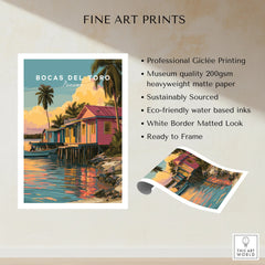 Bocas del Toro Panama travel poster print with colorful stilt houses, palm trees, and sunset water reflections, ready to frame
