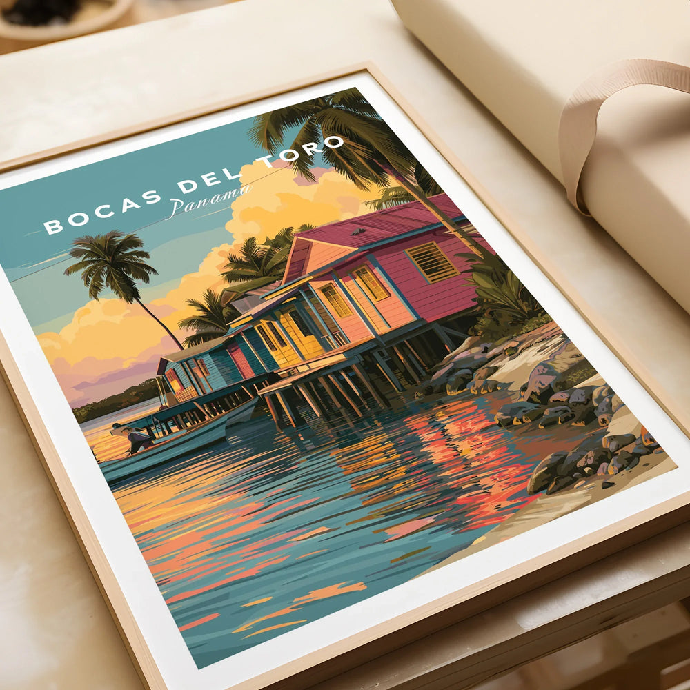 Bocas del Toro Panama travel poster with colorful stilt houses, palm trees, and sunset reflections on water.