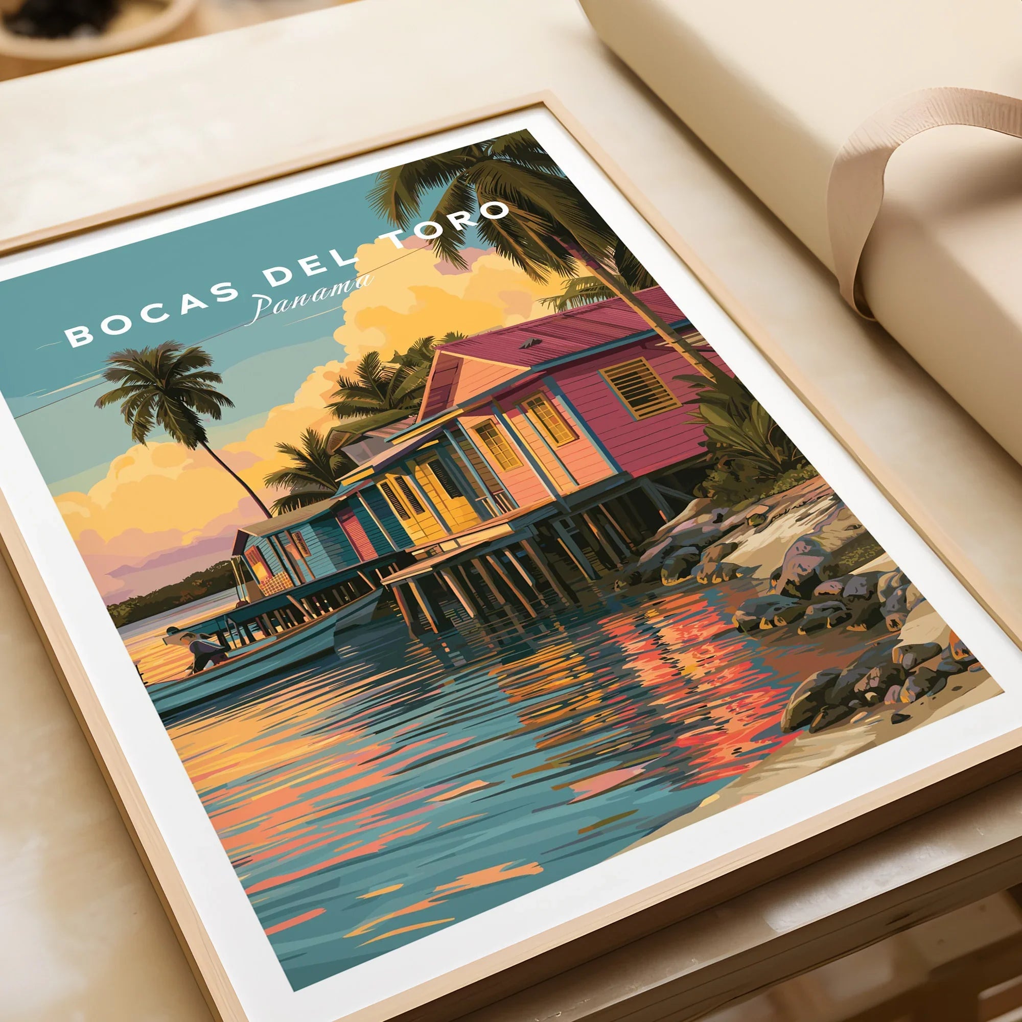 Bocas del Toro Panama travel poster with colorful stilt houses, palm trees, and sunset reflections on water.
