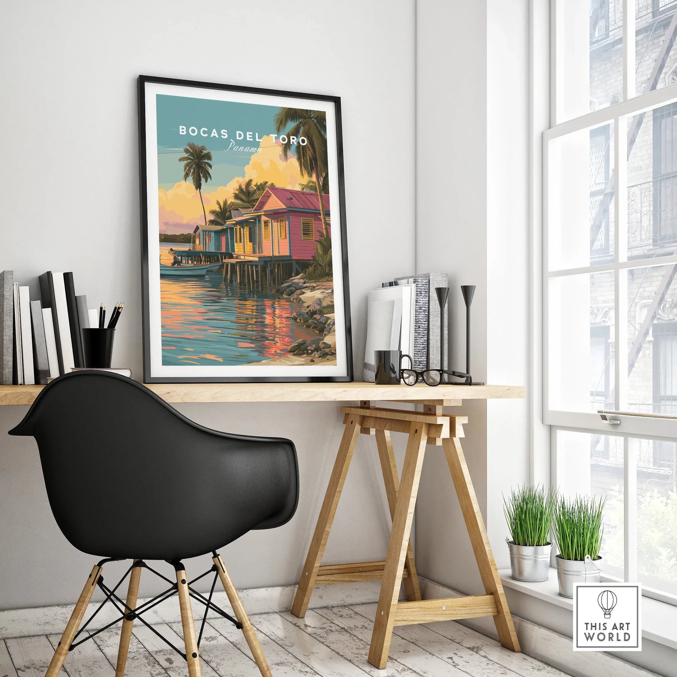 Bocas del Toro Panama travel poster with colorful houses, palm trees, and waterfront scene