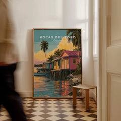 Bocas del Toro Panama travel poster with colorful stilt houses, palm trees, and sunset reflections on water.