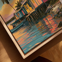 Vibrant tropical waterfront art print with colorful stilt houses and palm trees at sunset.