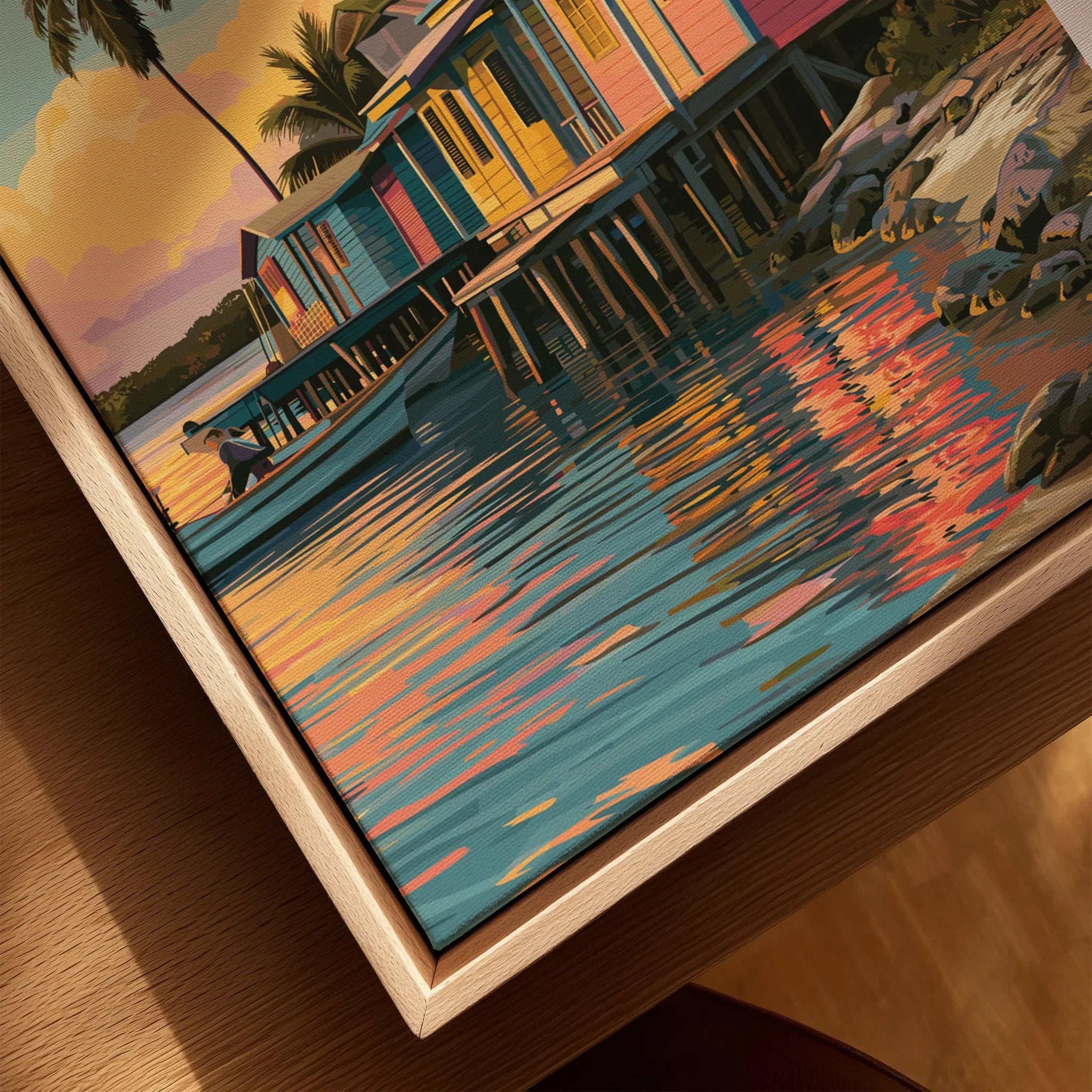 Vibrant tropical waterfront art print with colorful stilt houses and palm trees at sunset.