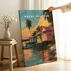 Bocas del Toro Panama travel poster with colorful stilt houses, palm trees, and sunset reflections on water.