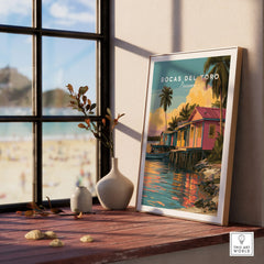 Bocas del Toro Panama travel poster with colorful beach houses and palm trees, perfect for home decor.
