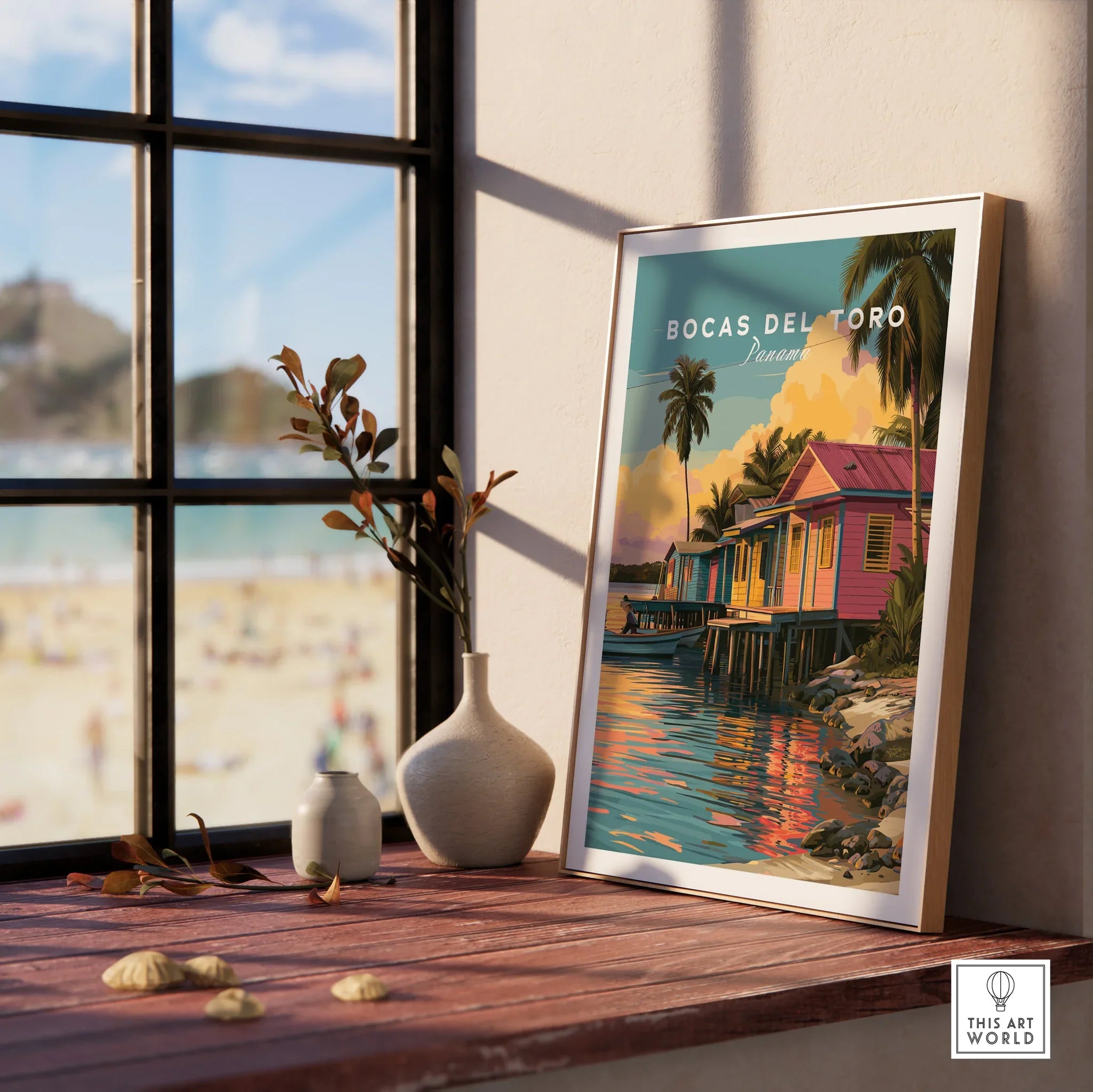 Bocas del Toro Panama travel poster with colorful beach houses and palm trees, perfect for home decor.