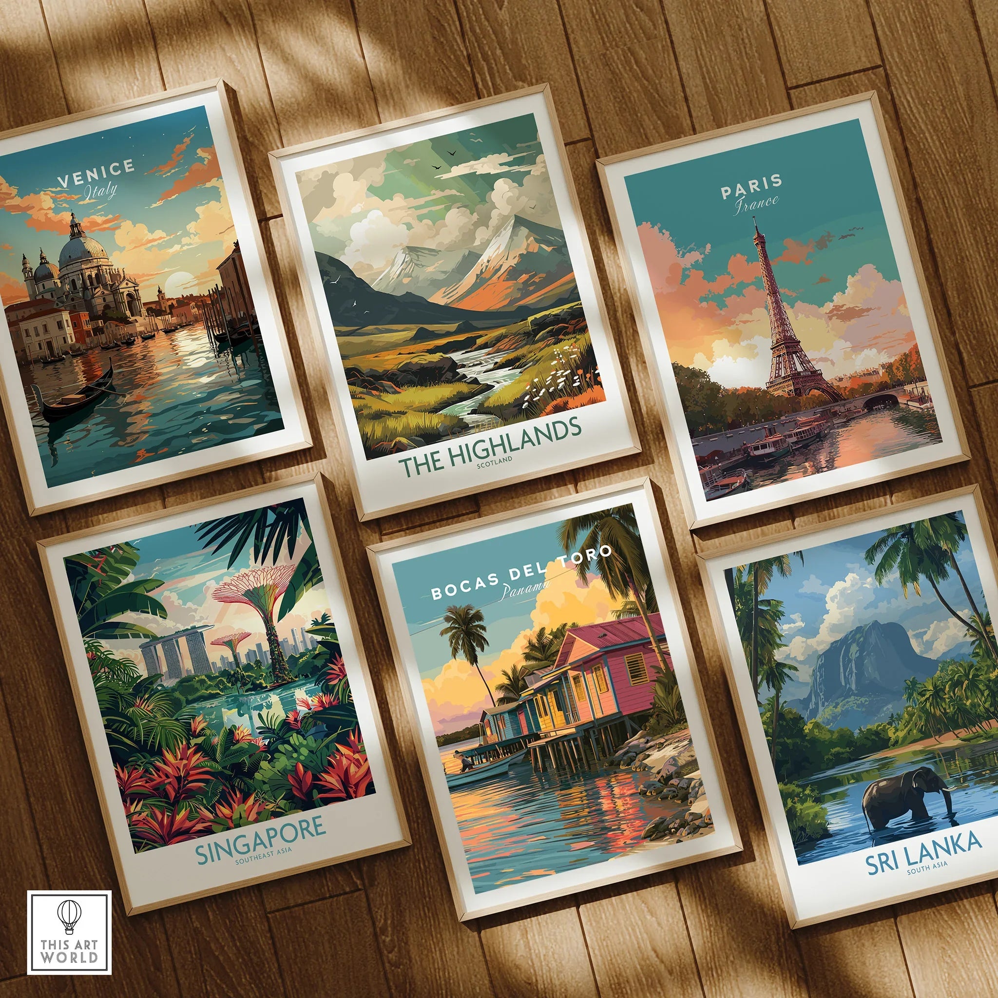 Travel posters featuring Venice, Paris, Singapore, and more for home decor wall art