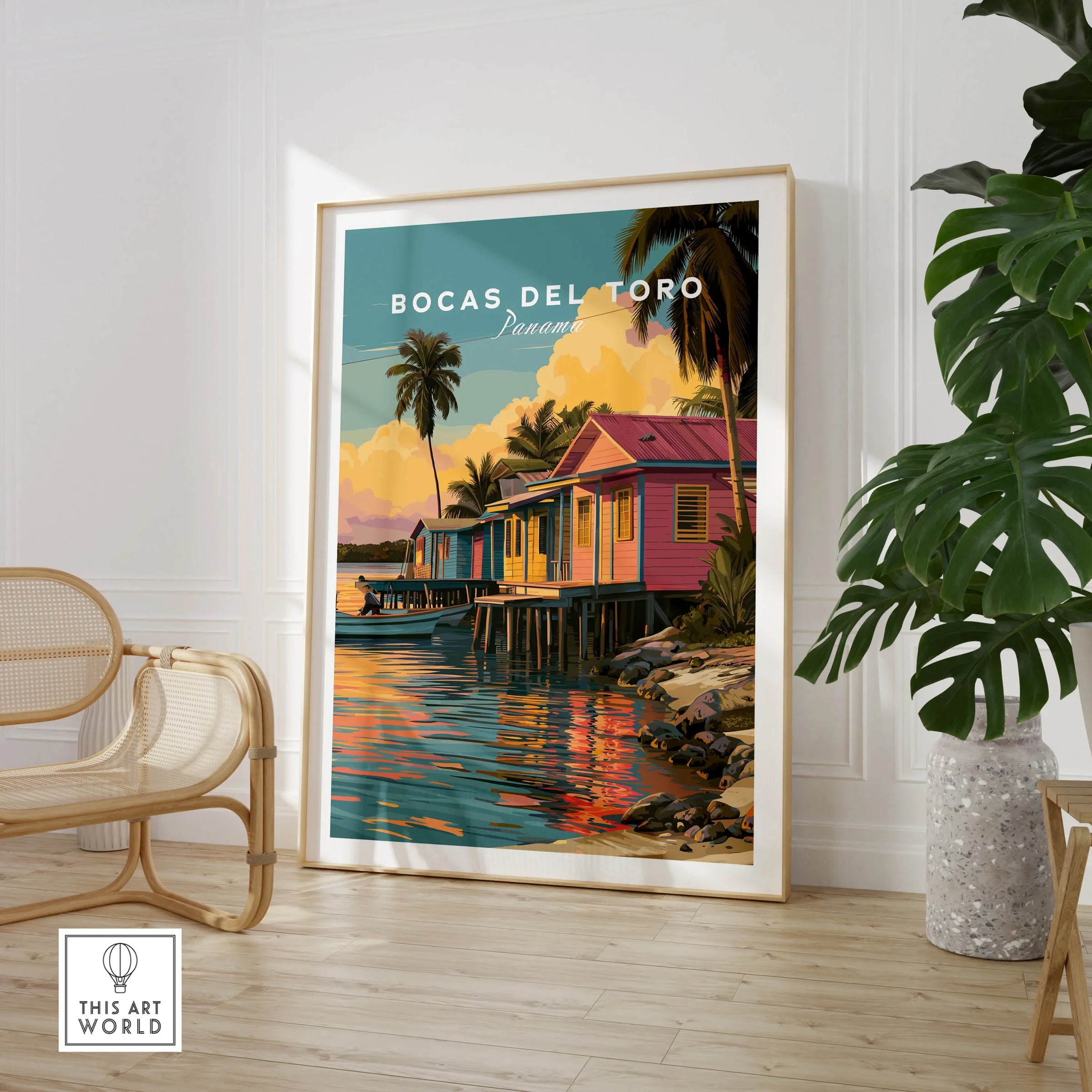 Bocas del Toro Panama travel poster with colorful stilt houses, palm trees, and sunset reflections, perfect for tropical wall art.