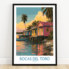 Bocas del Toro Panama travel poster with colorful stilt houses, palm trees, and sunset reflections on water