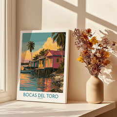Bocas del Toro Panama travel poster with colorful stilt houses, palm trees, and sunset reflections on water