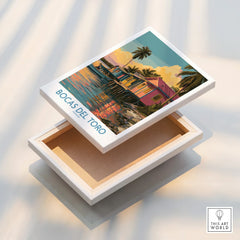 Bocas del Toro Panama travel poster canvas art with colorful stilt houses, palm trees, and sunset reflections for tropical wall decor.