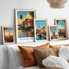 Travel posters of Paris, Bocas del Toro, Copenhagen, Tokyo, and Barcelona for home decor