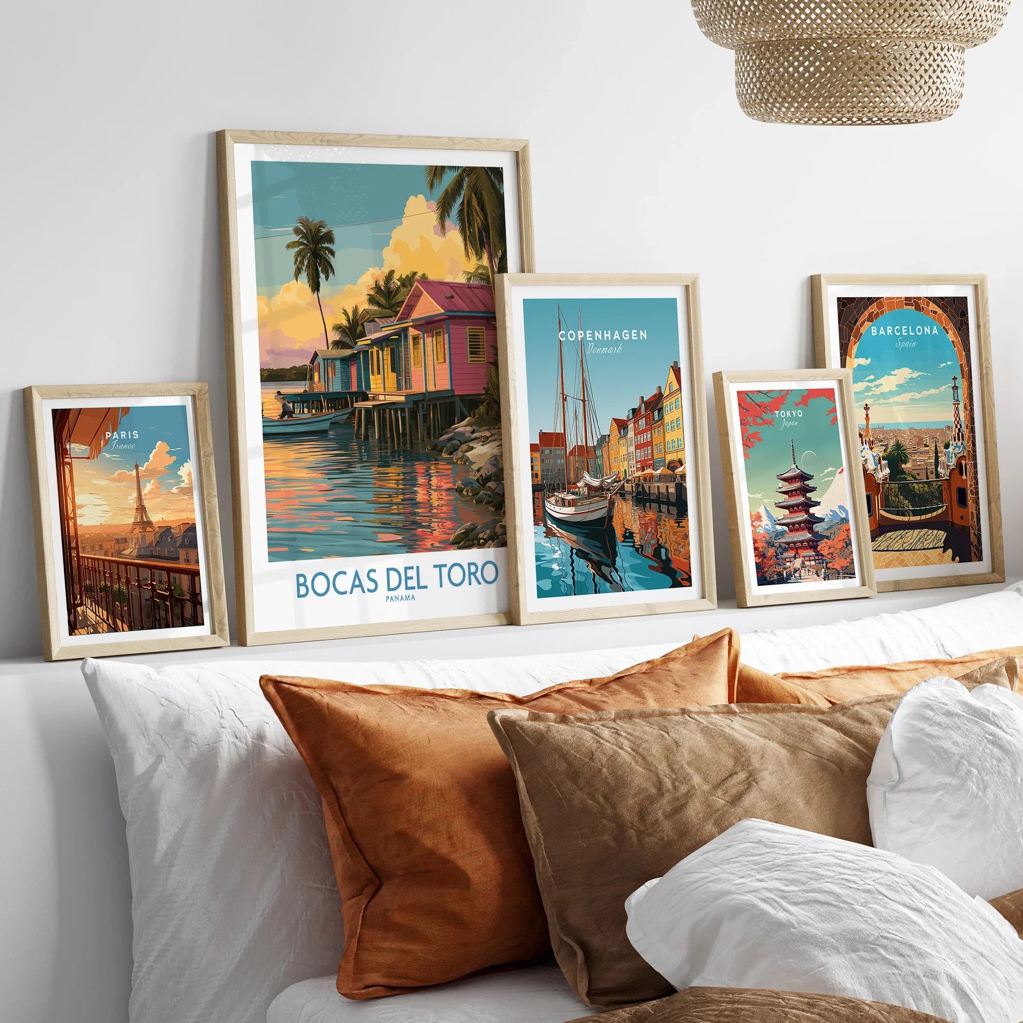 Travel posters of Paris, Bocas del Toro, Copenhagen, Tokyo, and Barcelona for home decor