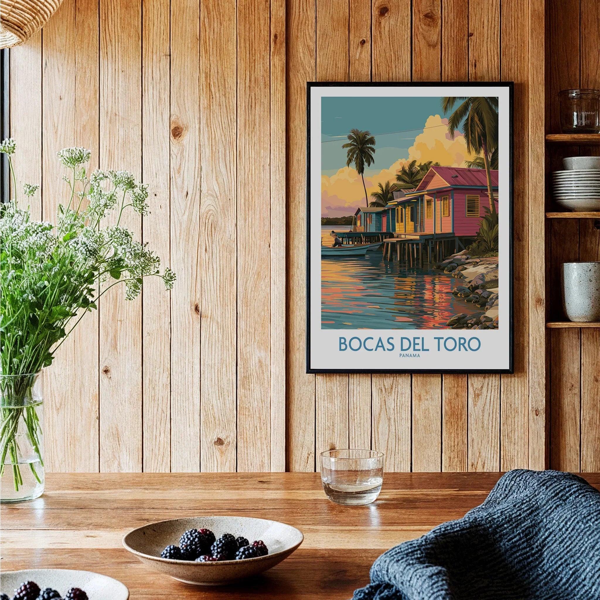 Bocas del Toro Panama travel poster with colorful houses, palm trees, and waterfront scene