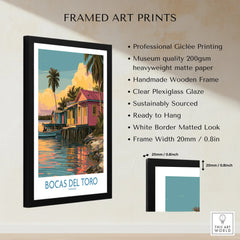 Bocas del Toro Panama travel poster with colorful stilt houses, palm trees, and sunset reflections