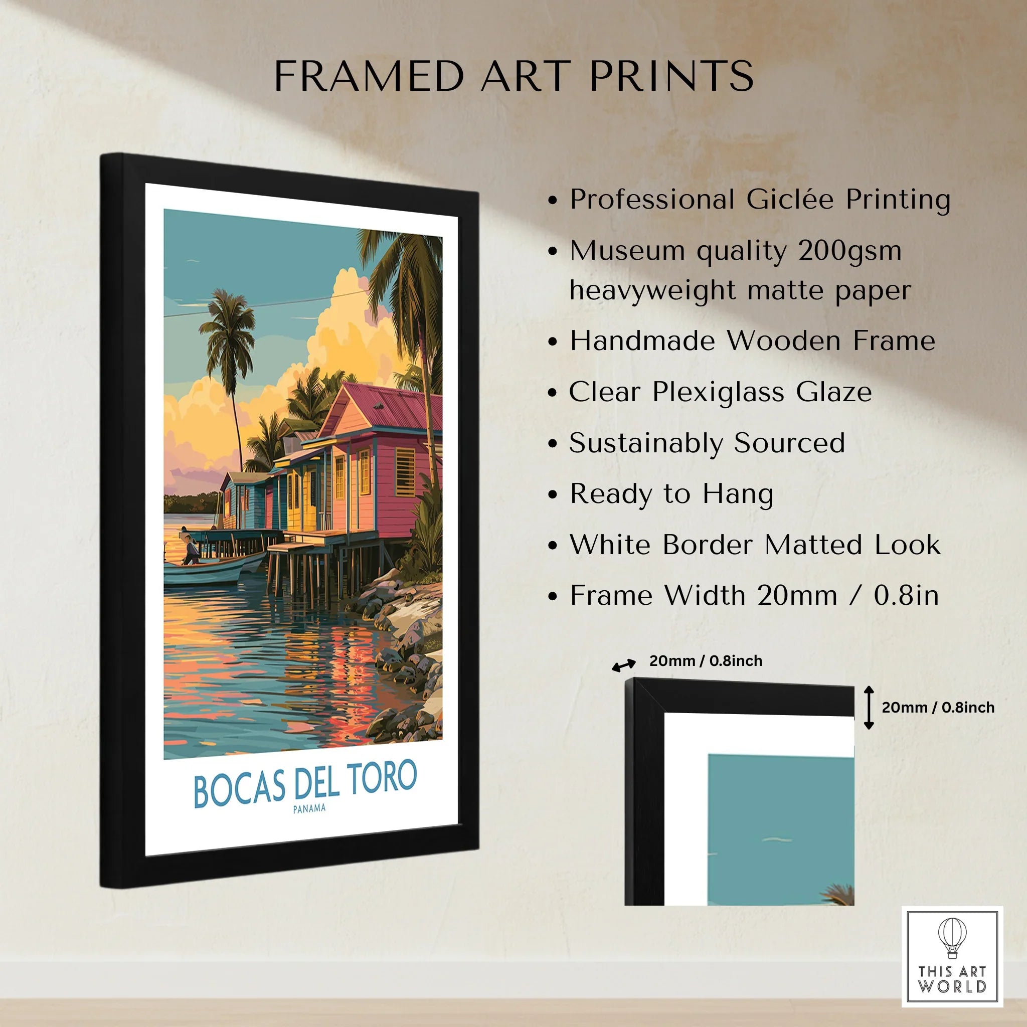 Bocas del Toro Panama travel poster with colorful stilt houses, palm trees, and sunset reflections