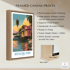 Bocas del Toro Panama travel poster in wooden frame, vibrant coastal scene with palm trees and colorful houses.