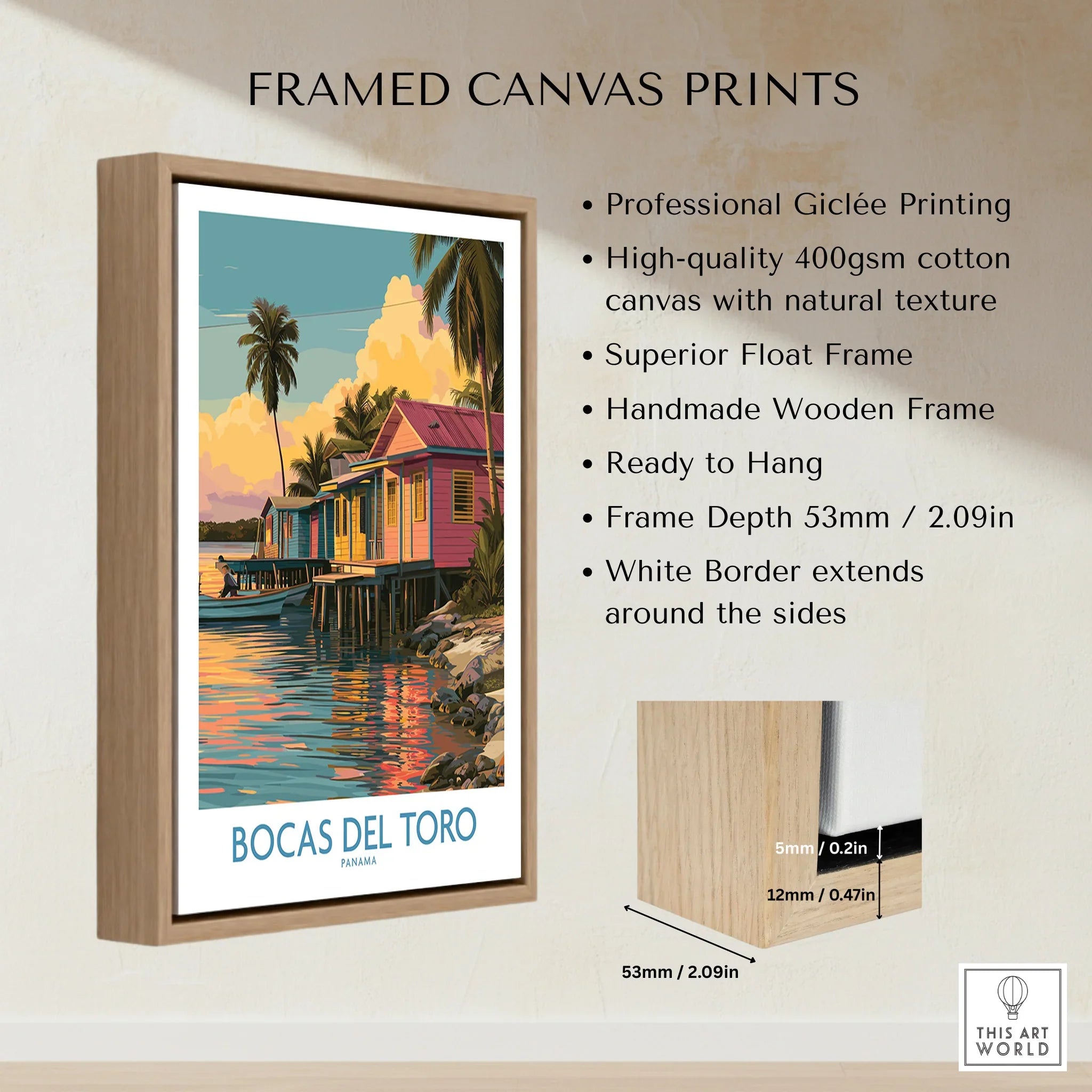 Bocas del Toro Panama travel poster in wooden frame, vibrant coastal scene with palm trees and colorful houses.