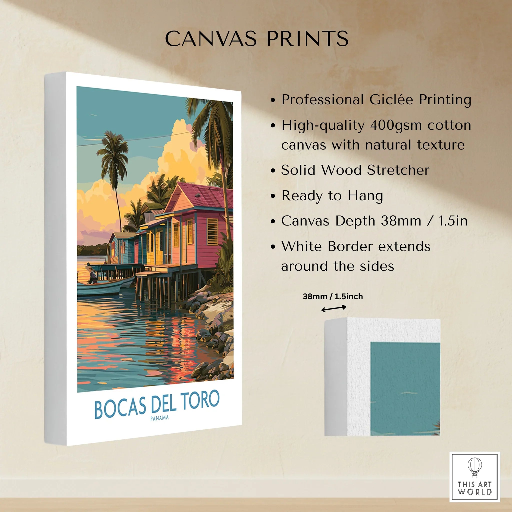 Bocas del Toro Panama travel poster canvas print with colorful houses and palm trees