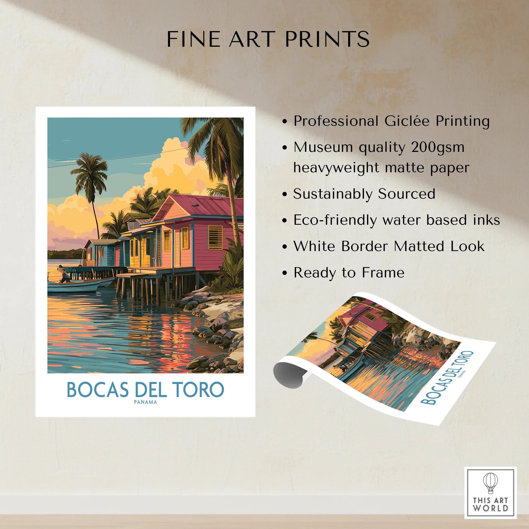 Bocas del Toro Panama travel poster with colorful stilt houses, palm trees, and sunset reflections on water, fine art print