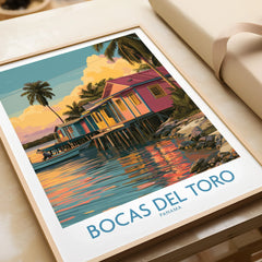 Bocas del Toro Panama travel poster with colorful stilt houses, palm trees, and sunset over water, framed wall art
