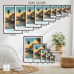 Bocas Del Toro Panama travel poster size guide, featuring tropical waterfront art for home decor in multiple dimensions.