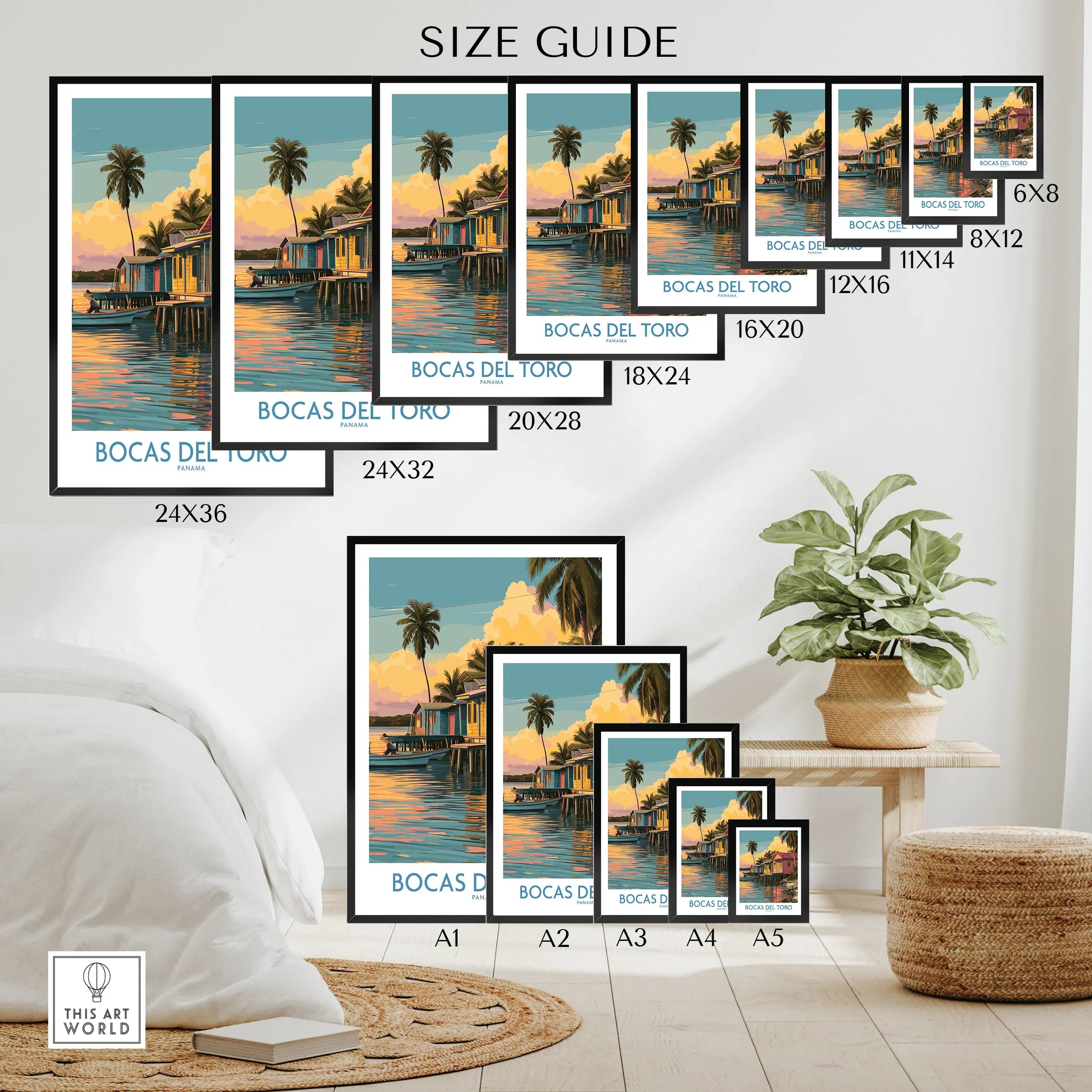 Bocas Del Toro Panama travel poster size guide, featuring tropical waterfront art for home decor in multiple dimensions.
