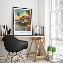 Bocas del Toro Panama travel poster with colorful houses, palm trees, and waterfront scene