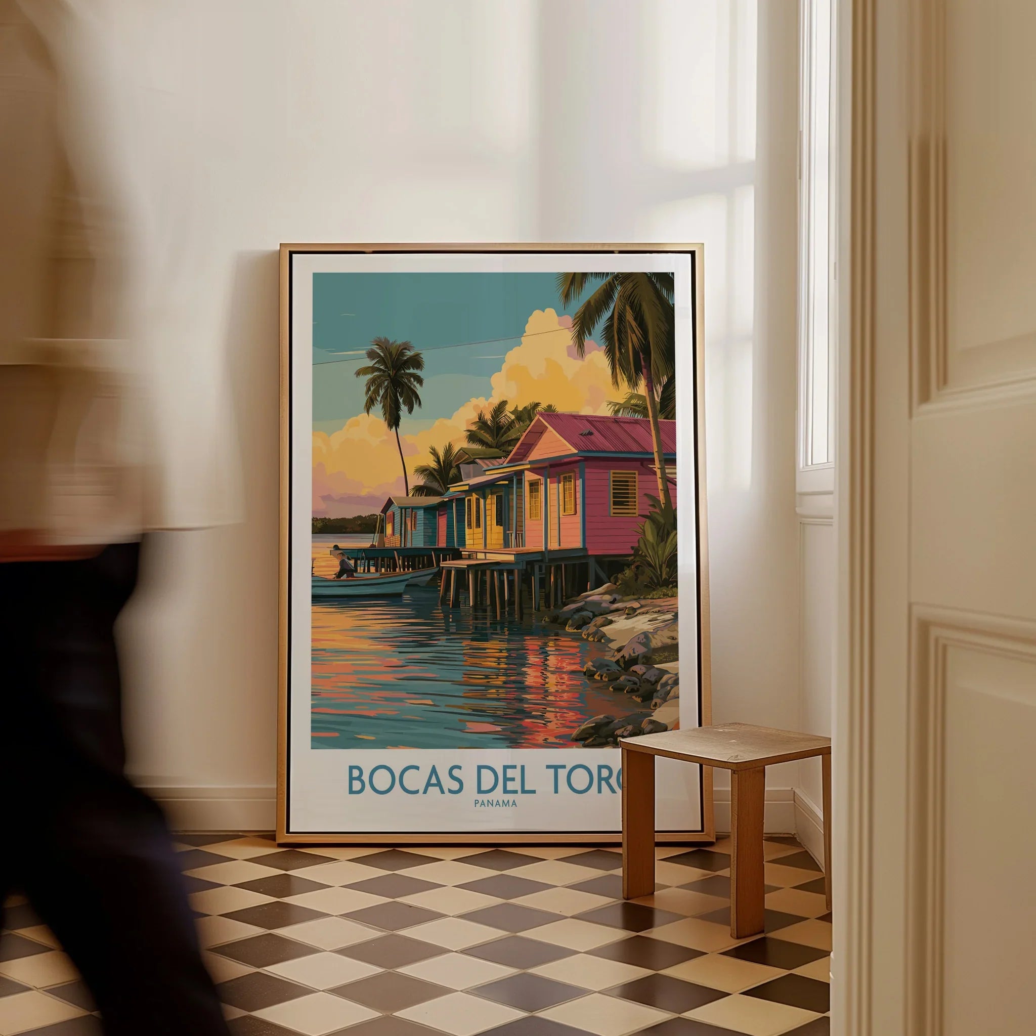 Bocas del Toro Panama travel poster with colorful stilt houses, palm trees, and sunset reflections.