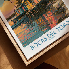 Bocas del Toro Panama travel poster with colorful waterfront houses and sunset reflections