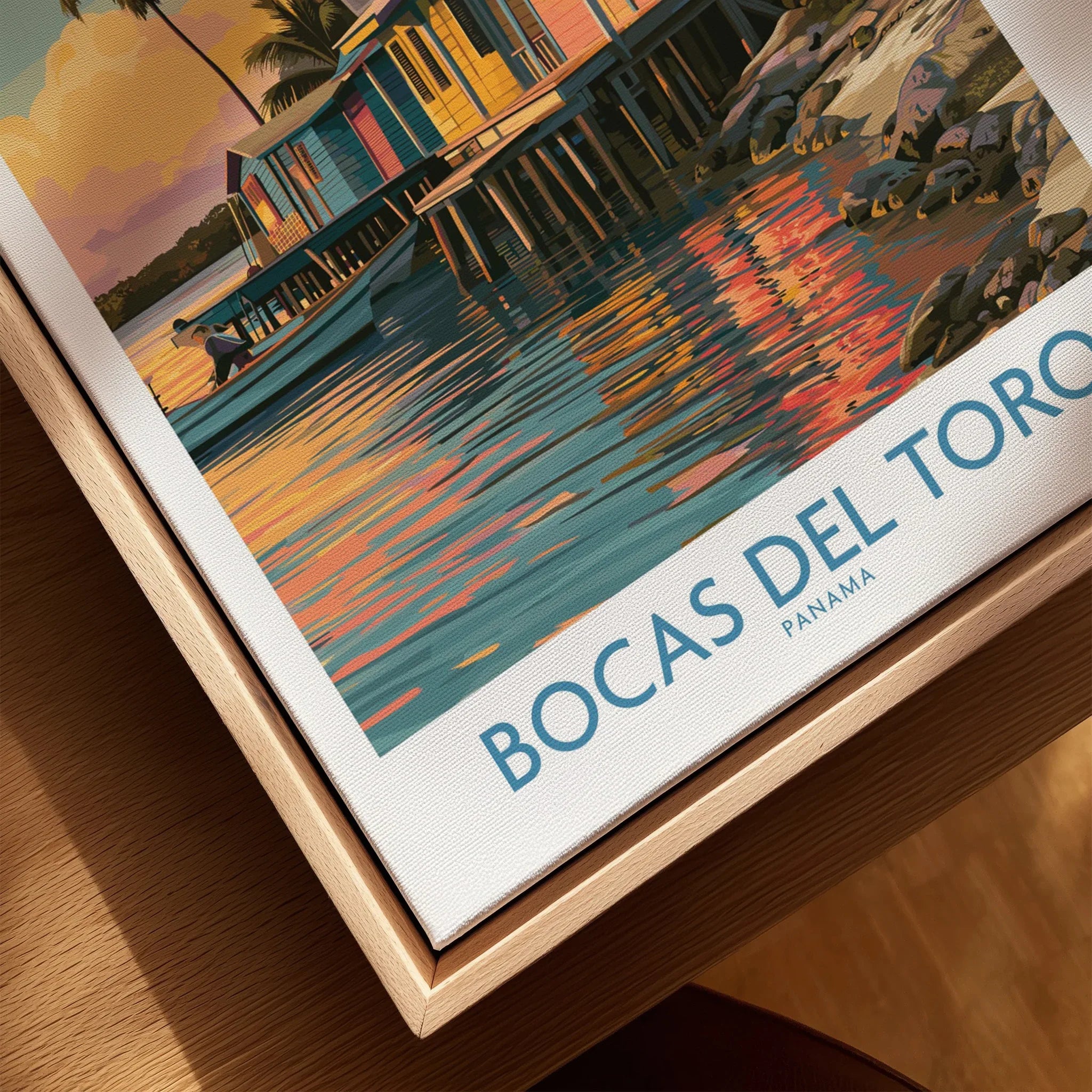 Bocas del Toro Panama travel poster with colorful waterfront houses and sunset reflections