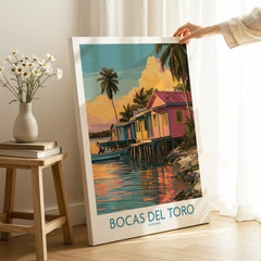 Bocas del Toro Panama travel poster with colorful stilt houses, palm trees, and sunset reflections on water
