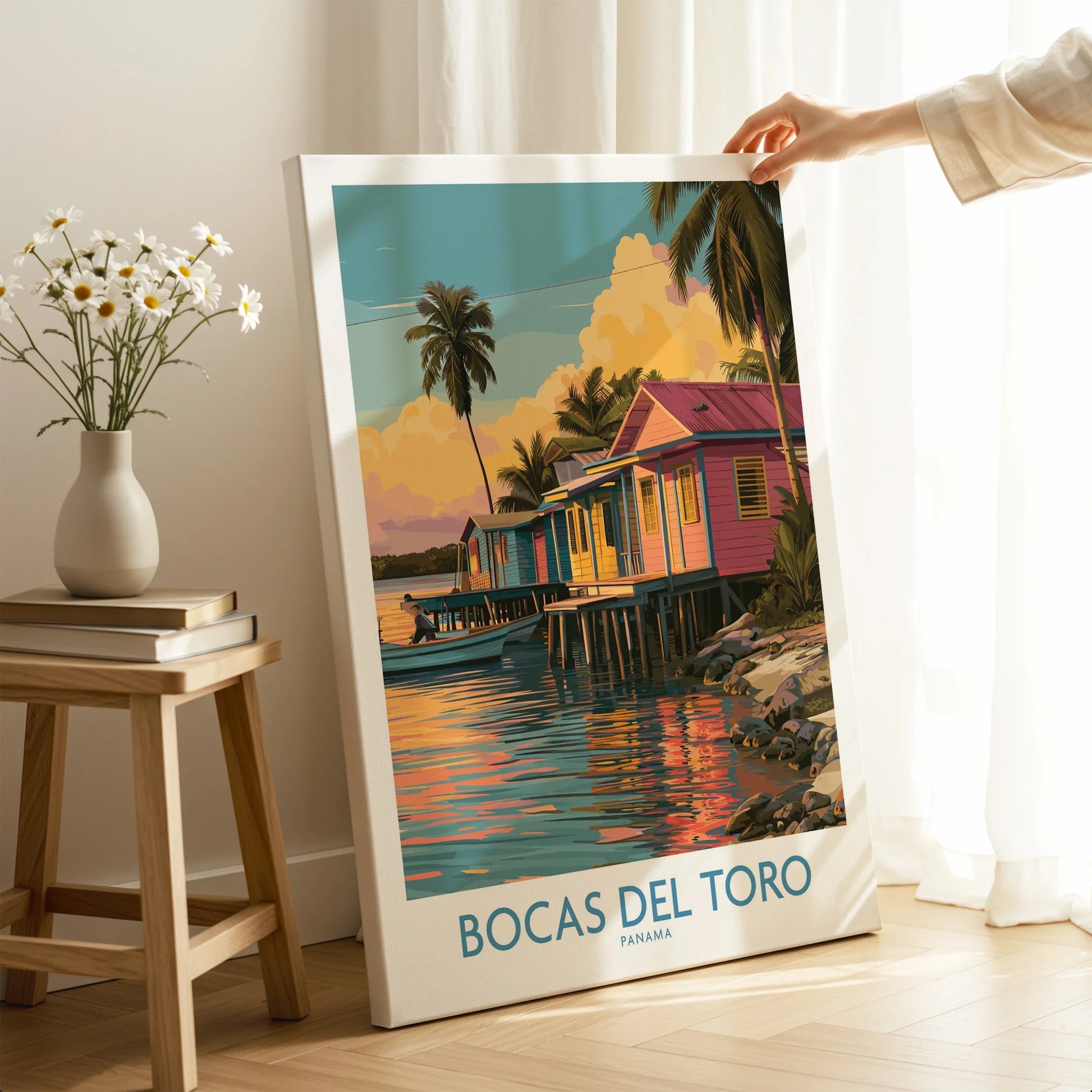 Bocas del Toro Panama travel poster with colorful stilt houses, palm trees, and sunset reflections on water