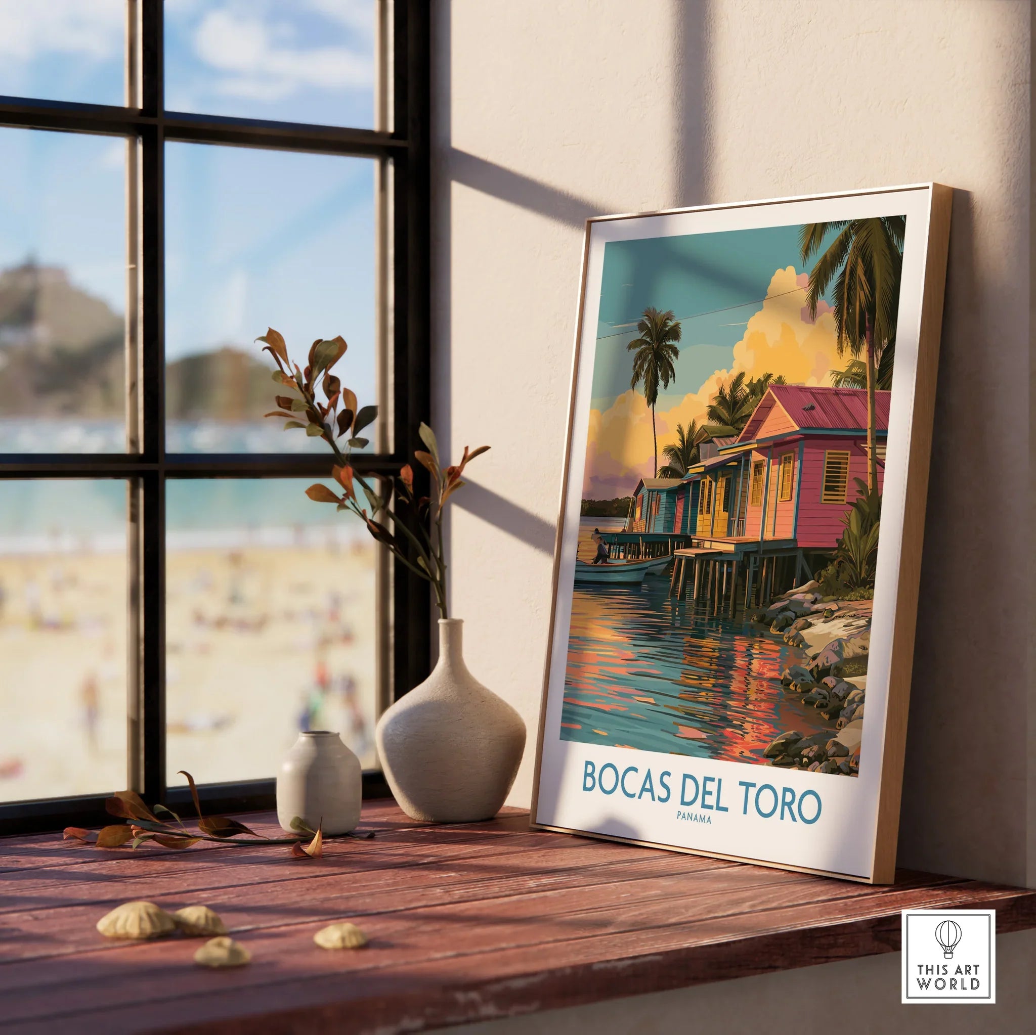 Bocas del Toro Panama travel poster with colorful beach houses and palm trees, perfect for home decor