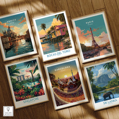 Travel posters of Venice, Paris, Singapore, Barcelona, Bocas del Toro, and Sri Lanka for wall art decor