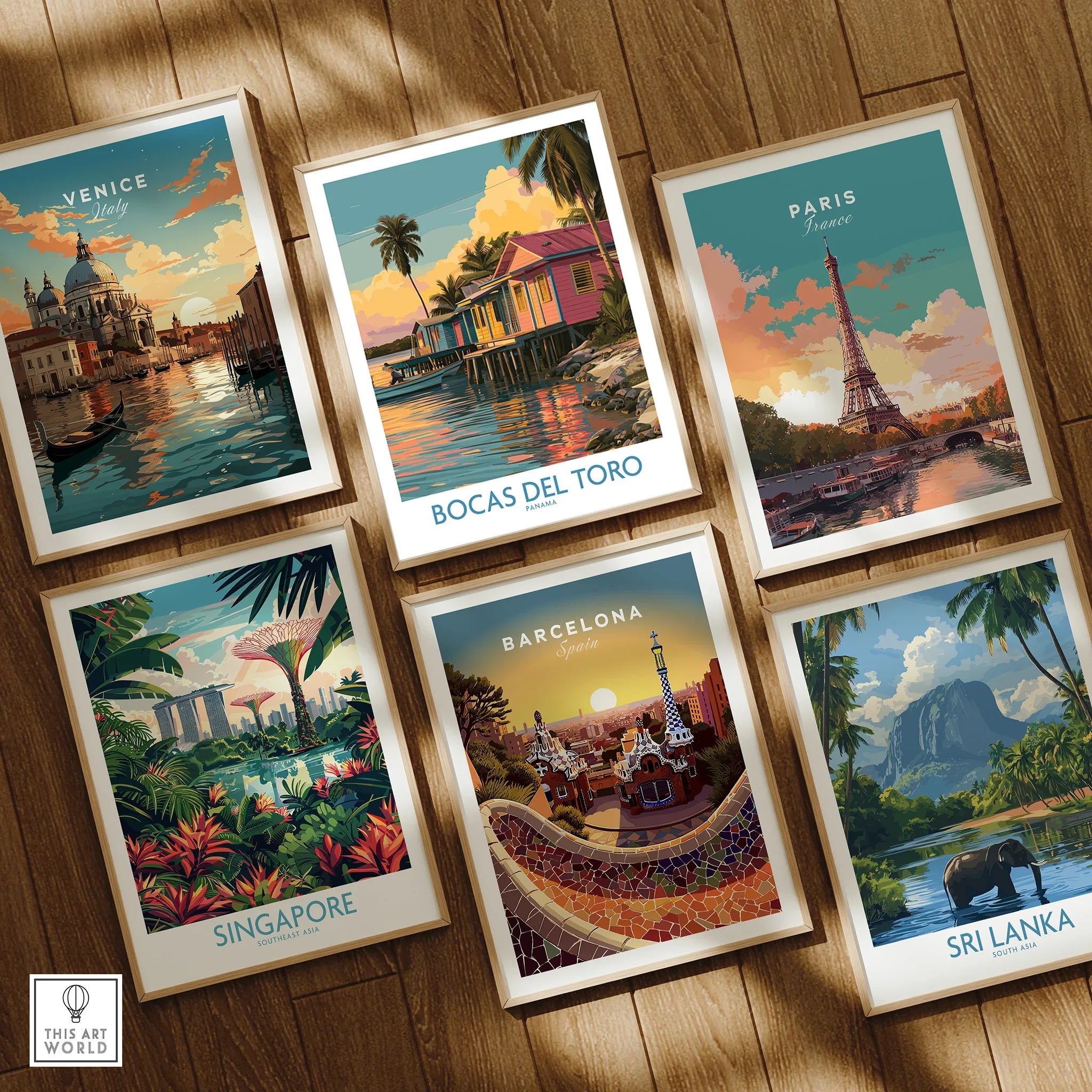 Travel posters of Venice, Paris, Singapore, Barcelona, Bocas del Toro, and Sri Lanka for wall art decor